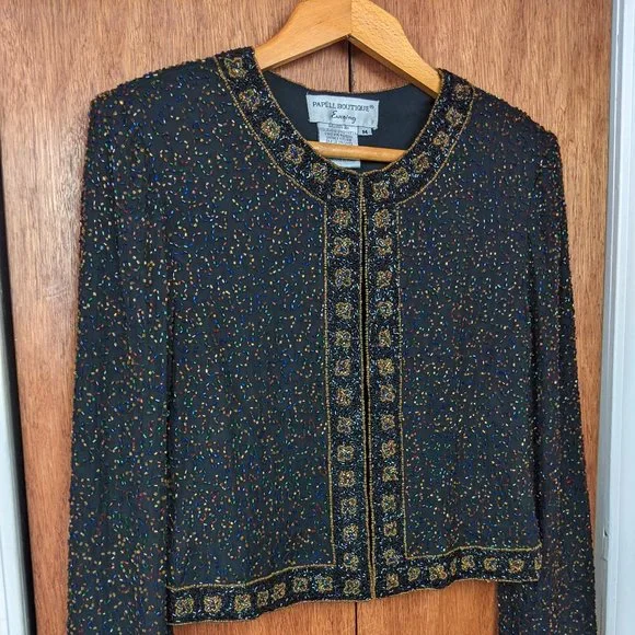 Vintage 90s Black & Multi Color Heavily Beaded Evening Jacket - Picture 7 of 10